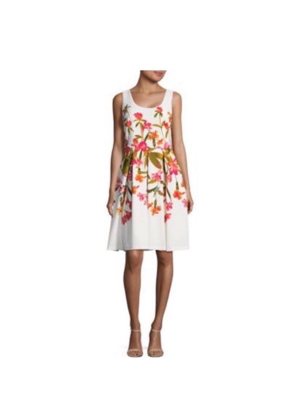 Karl Lagerfeld Floral Tank Fit-and-Flare Dress in White with Pink & Green Print